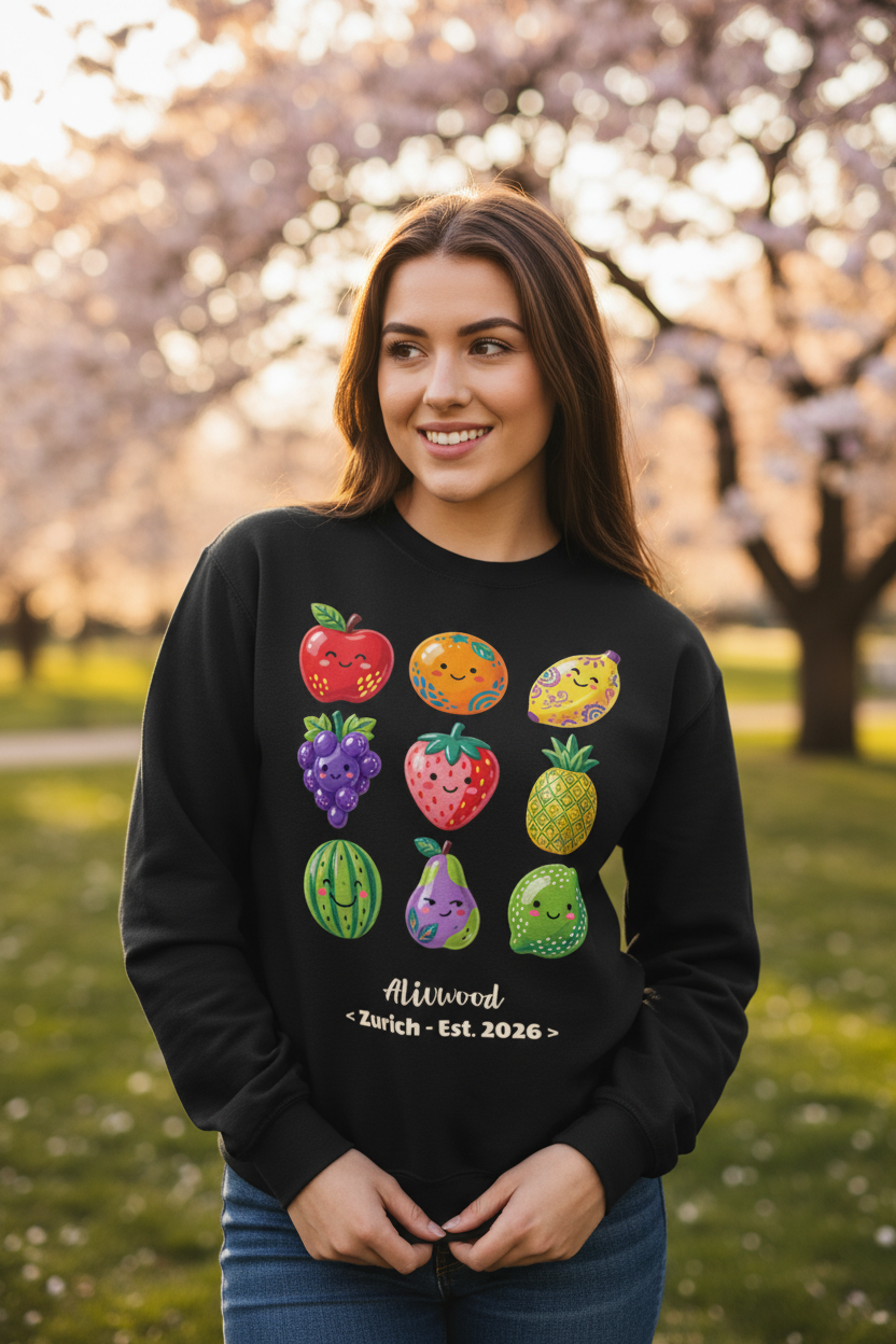 Woman wearing a black sweatshirt with colorful fruit illustrations outdoors.