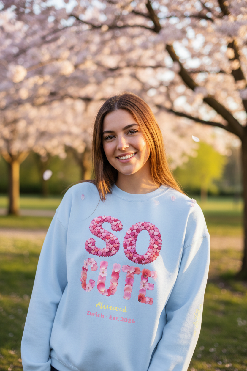 Woman wearing a light blue sweatshirt with 'So Cute' print, standing in a park with cherry blossom trees.
