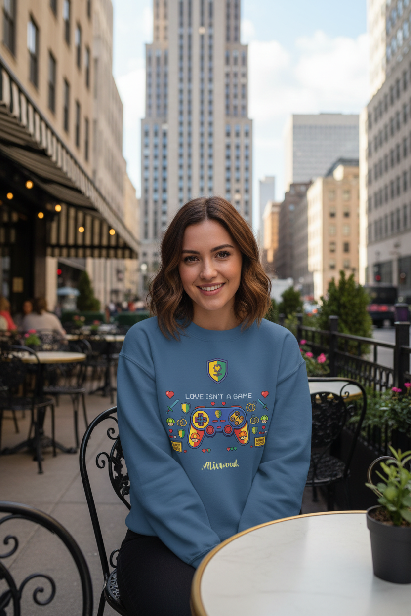 Woman wearing a blue sweatshirt with colorful graphics and text, sitting outdoors in an urban setting.