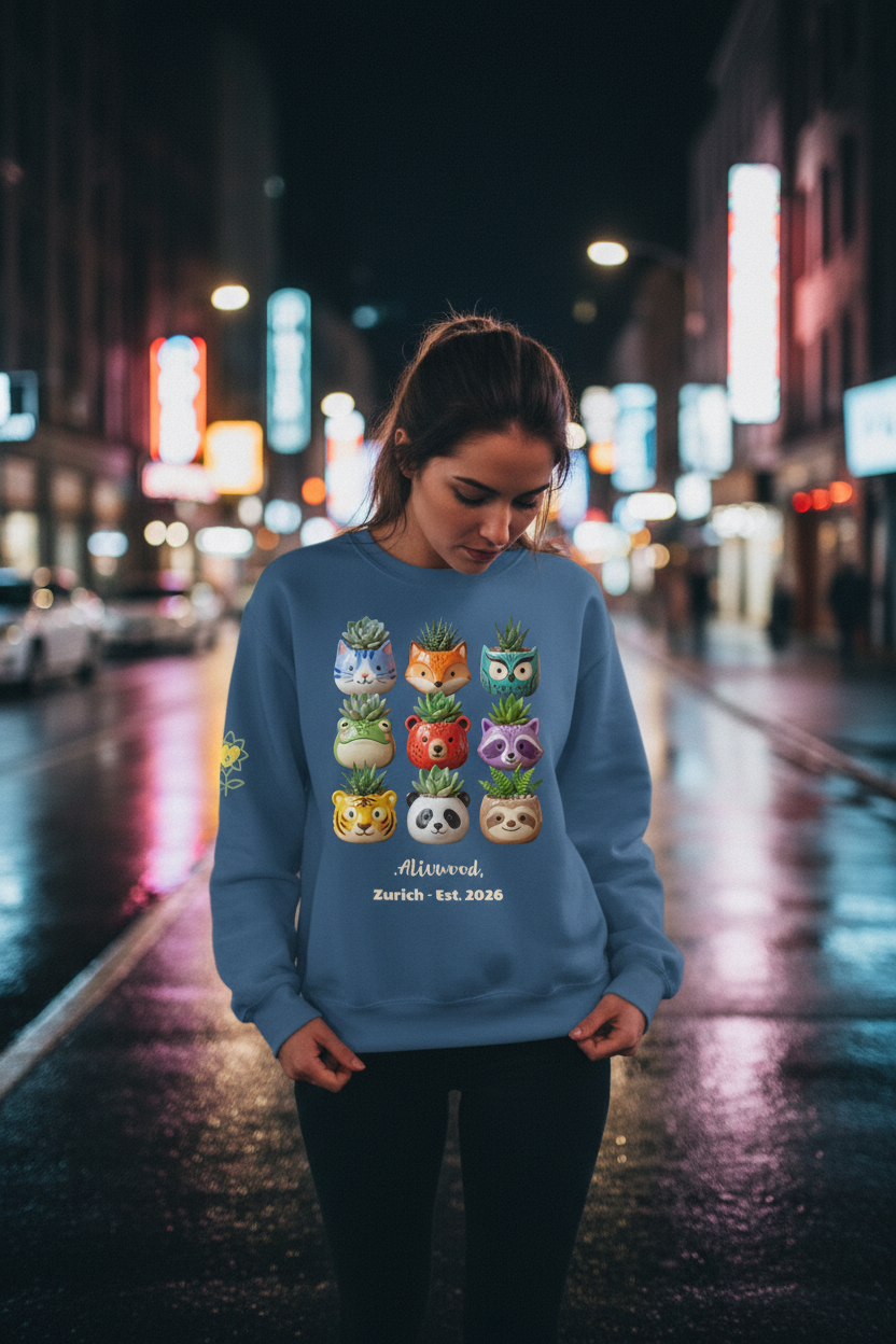 Person wearing a blue sweatshirt with colorful designs on a city street at night.