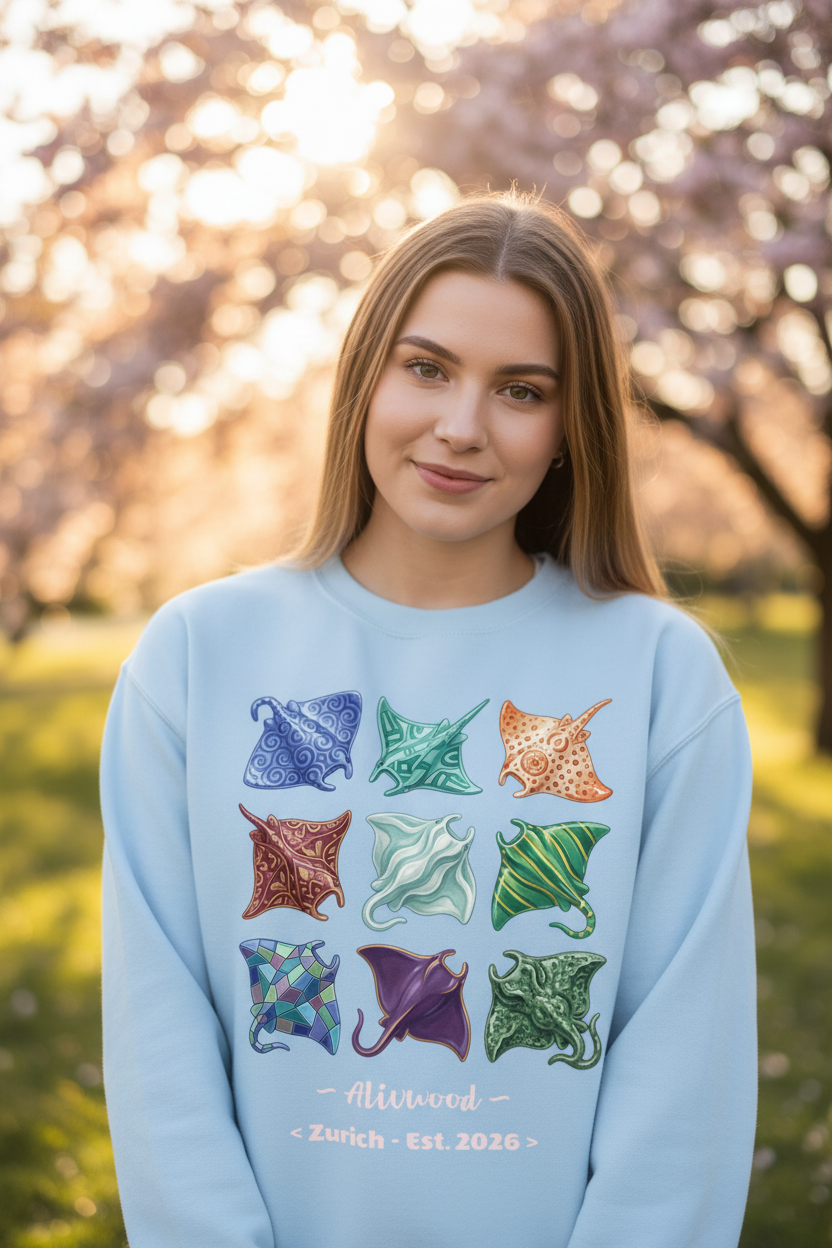 Person wearing a light blue sweatshirt with colorful stingray designs outdoors.