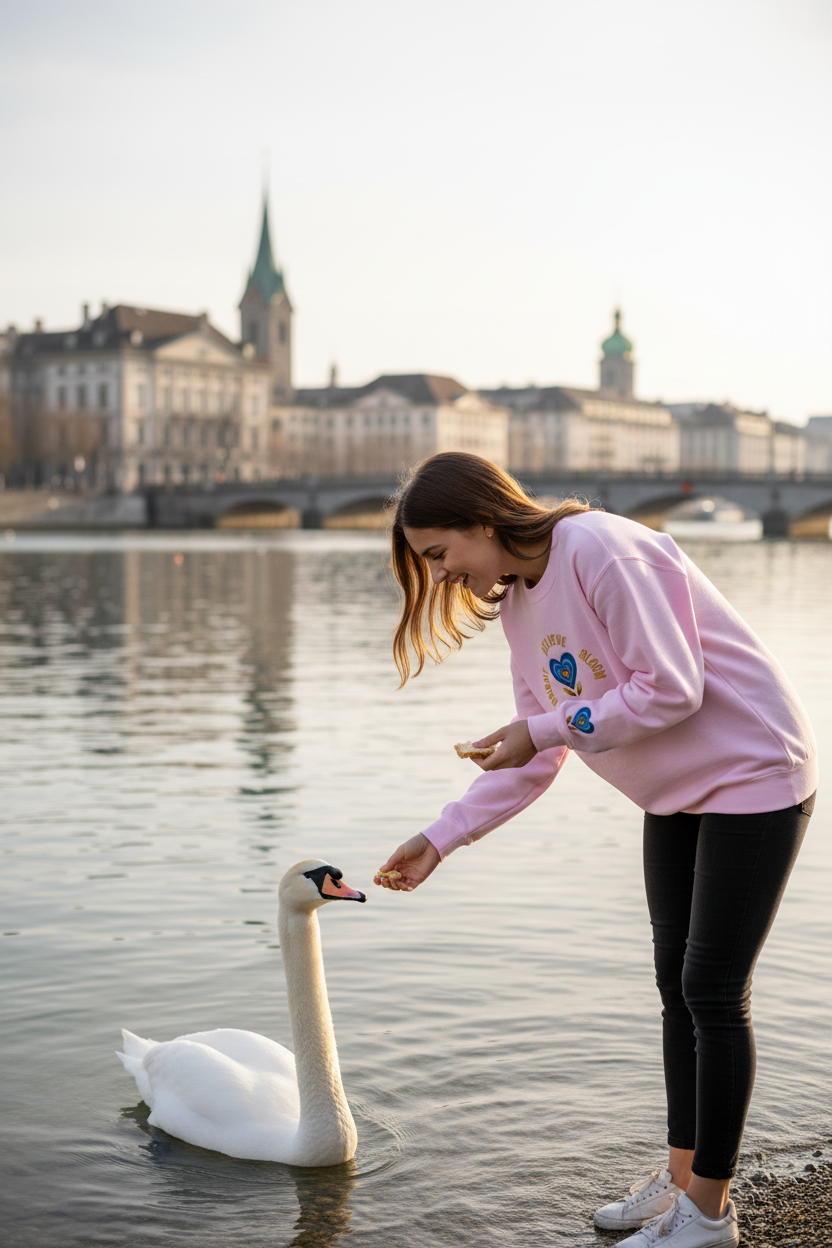 Woman feeding a swan on a lake with a cityscape in the background