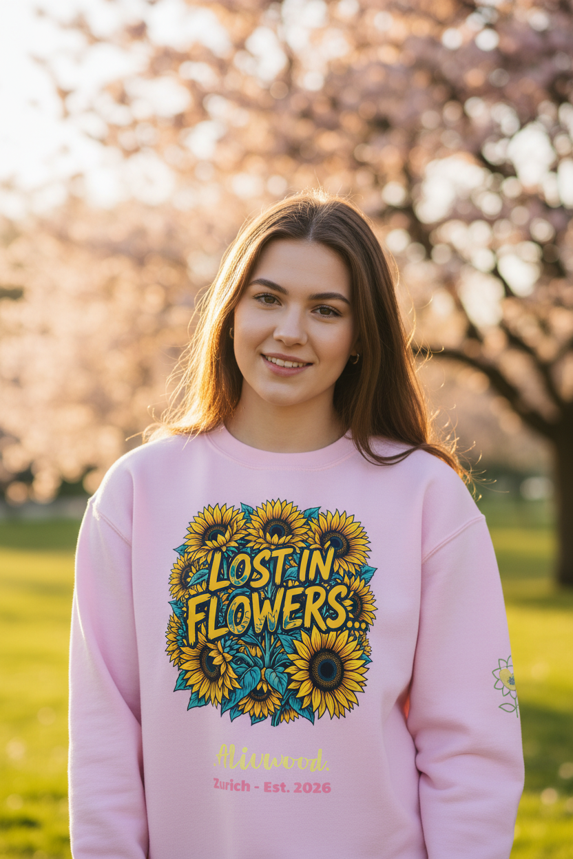Person wearing a pink sweatshirt with 'Lost in Flowers' design outdoors.