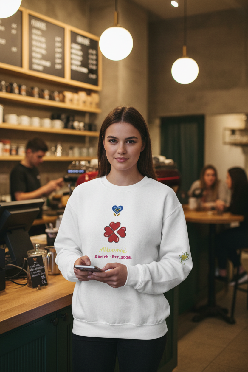 Woman in a white sweatshirt with a red flower design in a coffee shop.