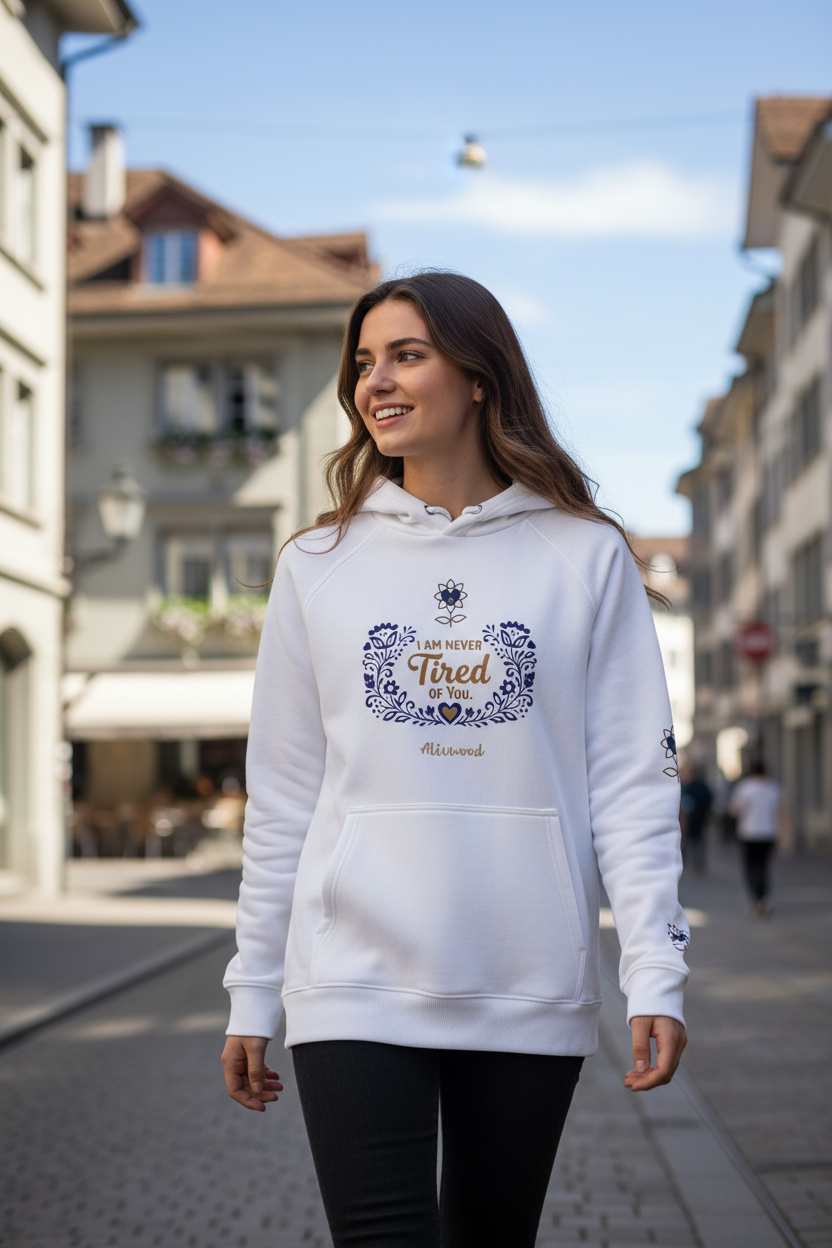 Woman wearing a white hoodie with a design on a street