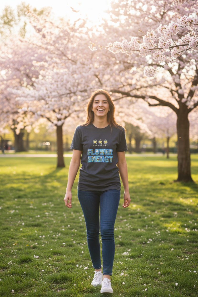 Woman walking in a park with cherry blossom trees in the background