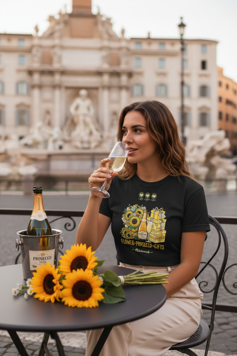 Woman sitting at an outdoor table with sunflowers and a bottle of Prosecco, enjoying a glass of champagne.