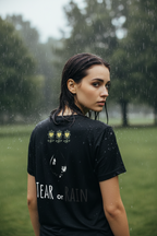 Woman wearing a black t-shirt with text and graphics in the rain