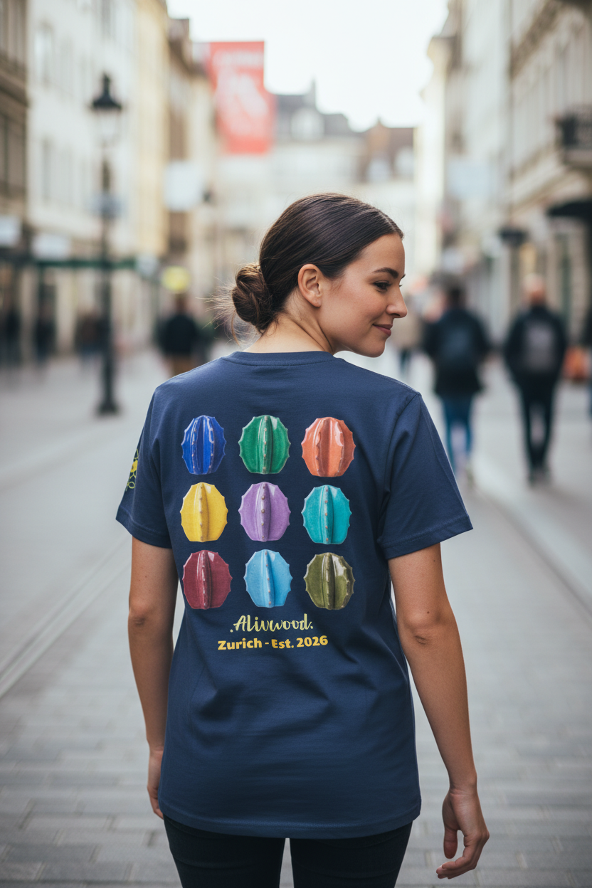 Person wearing a blue t-shirt with colorful circular designs on the back, walking down a city street.