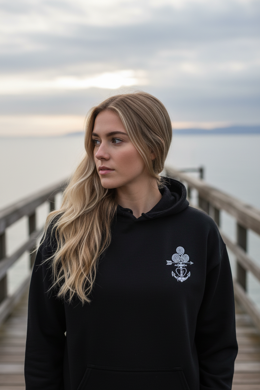A woman with long blonde hair stands on a wooden boardwalk overlooking water, wearing a black hoodie with a white anchor and clover graphic on the left chest.