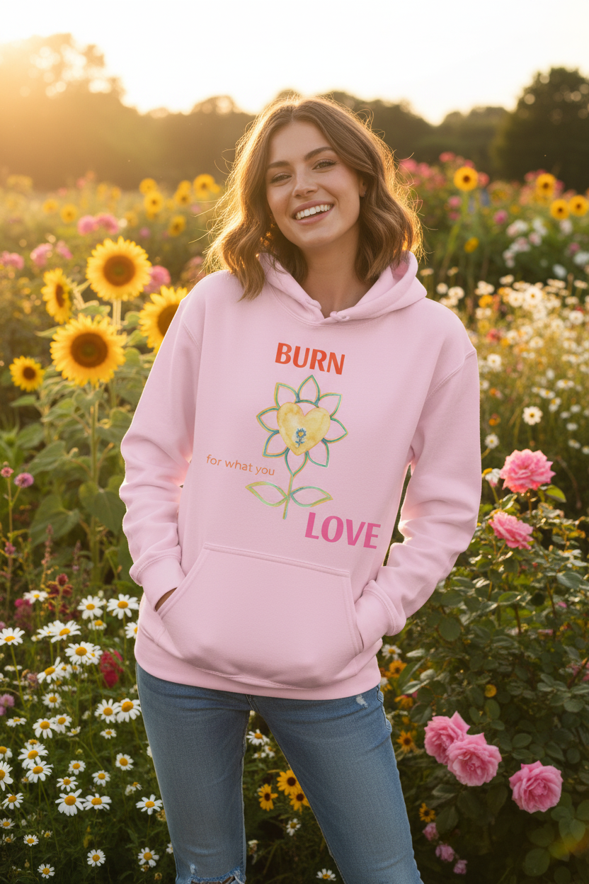 Woman wearing a pink hoodie with a floral design and text, standing in a sunflower field.