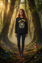 Woman standing in a mystical forest with colorful mushrooms and a dark long-sleeve shirt.