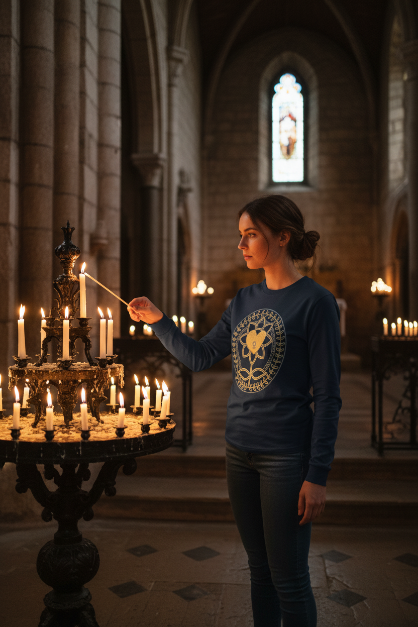 Woman lighting candles in a cathedral with stained glass windows