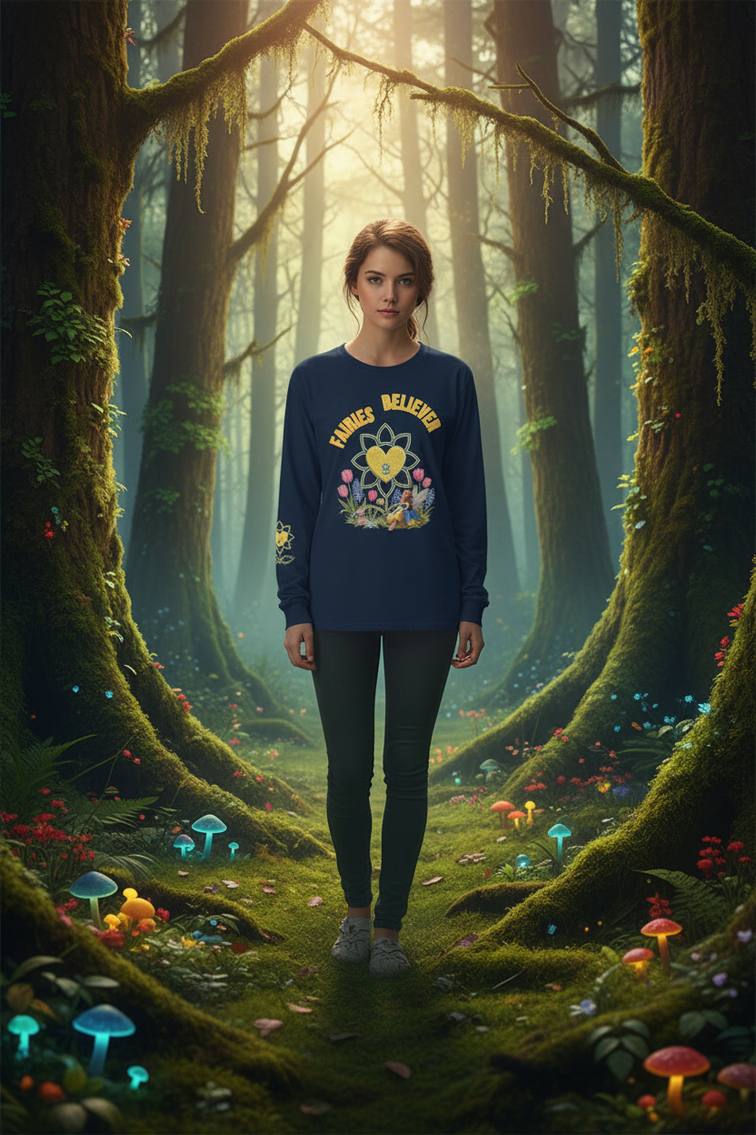 Person wearing a sweatshirt with a colorful design in a mystical forest