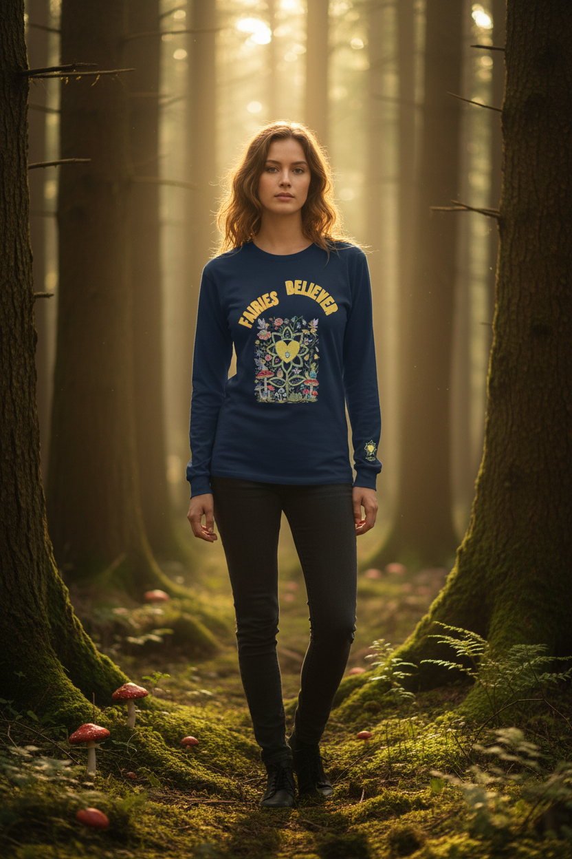 Woman wearing a blue long-sleeve shirt in a forest