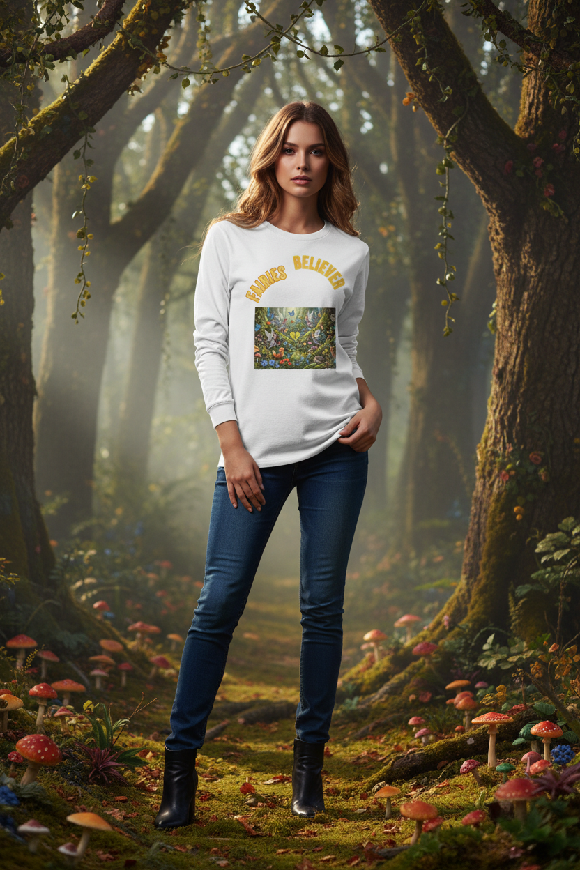 Woman wearing a white sweatshirt with a graphic design in a forest setting