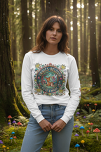 Woman wearing a white sweatshirt with a colorful graphic design in a forest setting