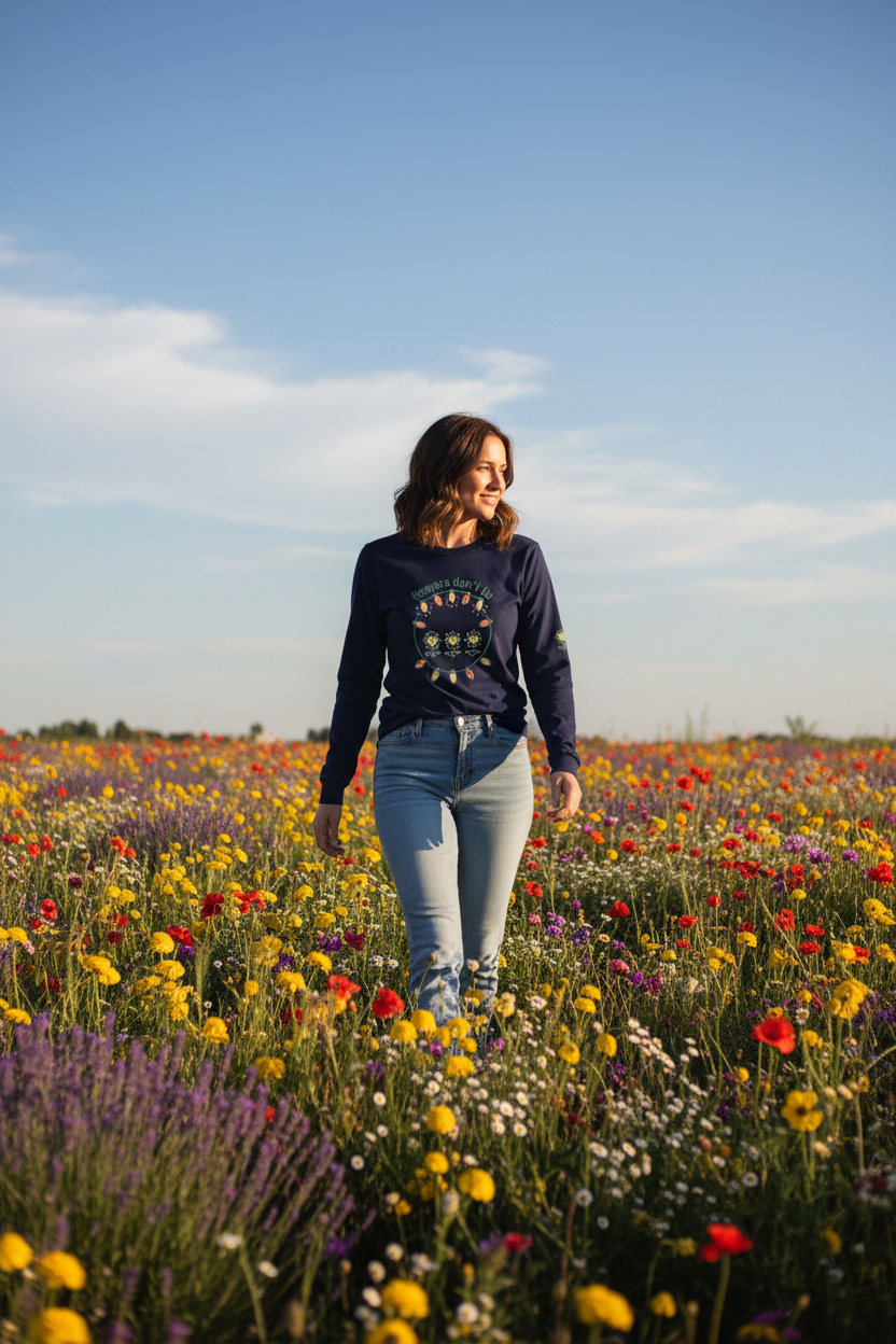 Woman walking through a field of wildflowers with a clear blue sky.