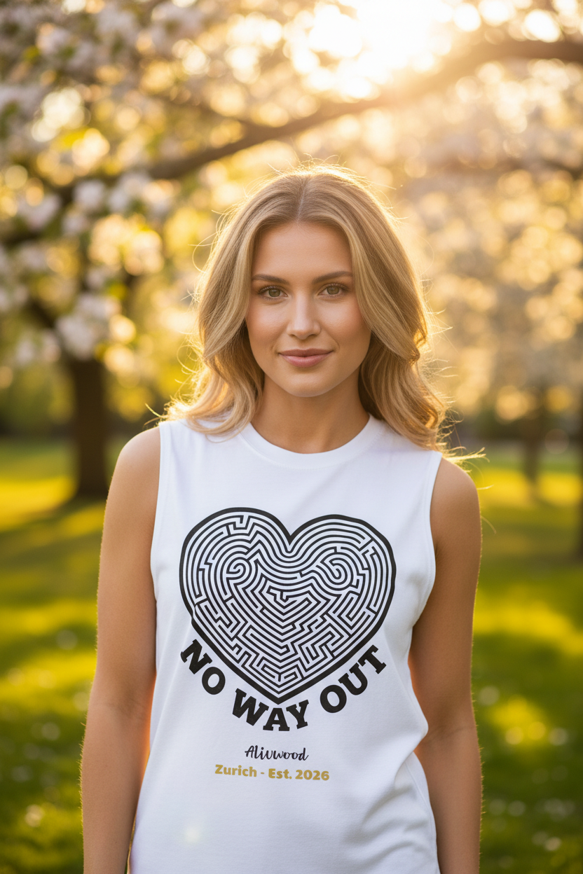 Woman wearing a white sleeveless shirt with a black heart maze design outdoors.
