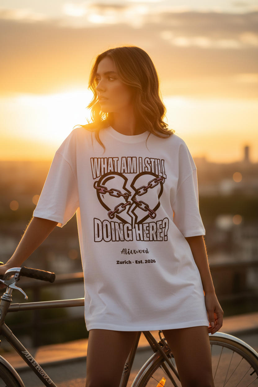 Woman wearing a white t-shirt with a graphic design and text, standing next to a bicycle during sunset.