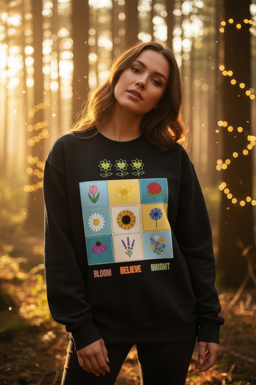 Woman wearing a black sweatshirt with colorful floral pattern and text in a forest setting