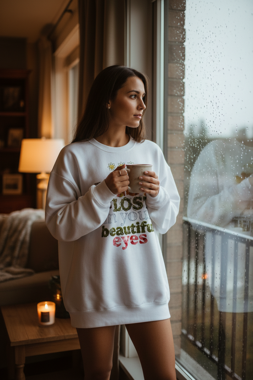 Woman in a white sweatshirt with text holding a mug by a window.