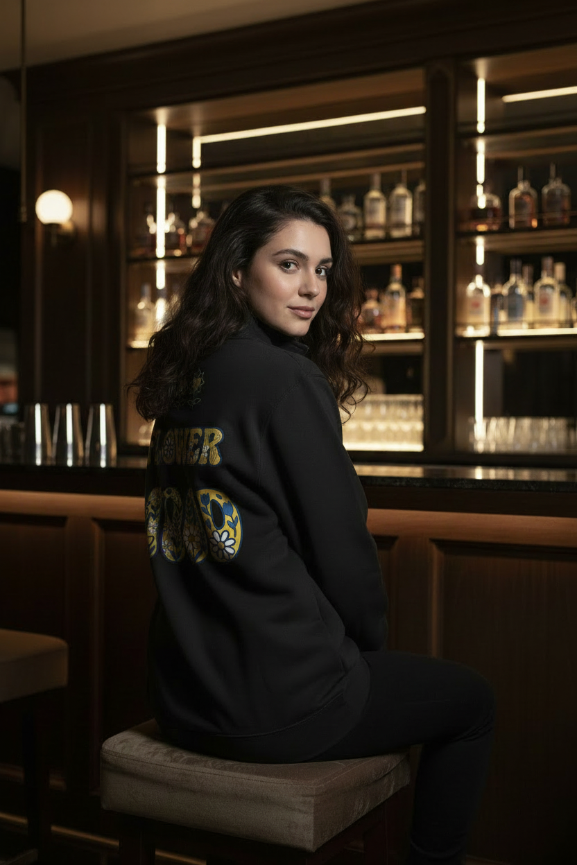 Woman sitting in a bar with shelves of bottles in the background