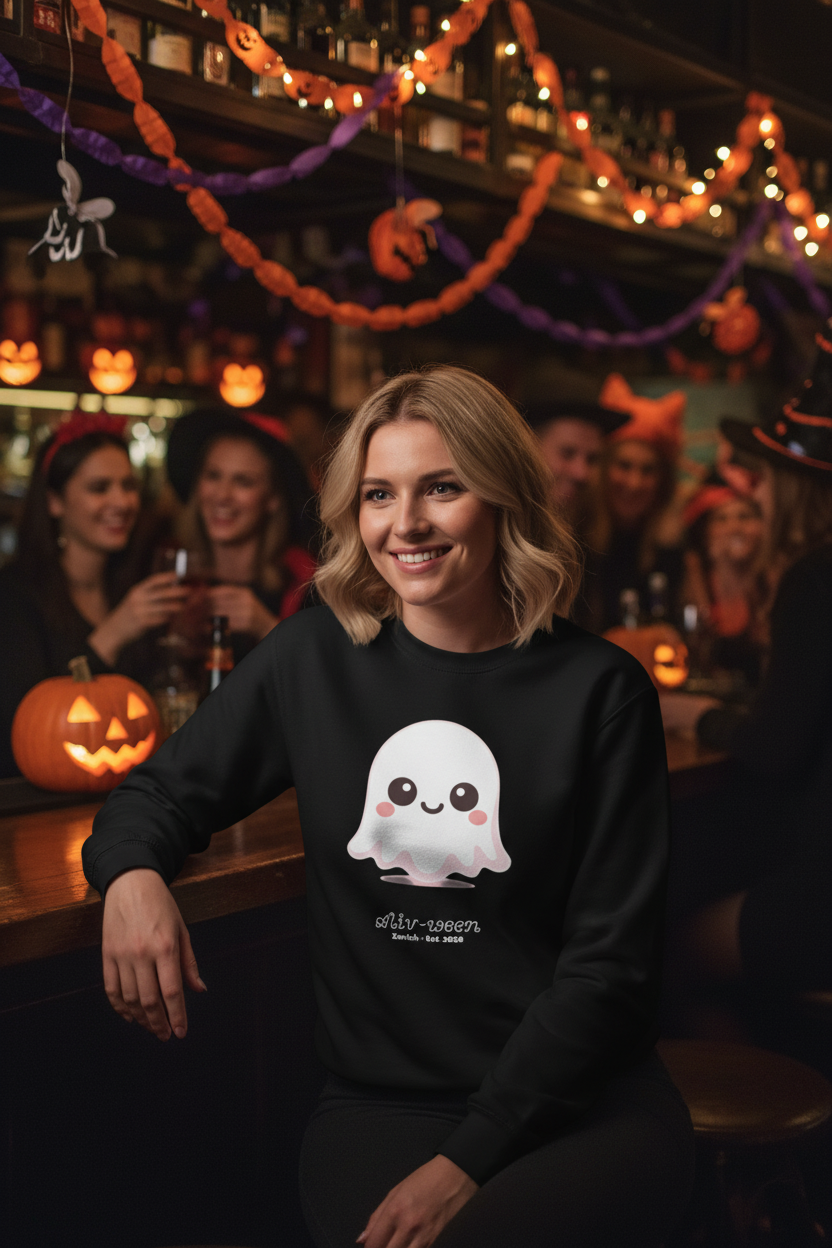A woman sitting at a Halloween-themed bar wearing a black crewneck sweatshirt with a cute cartoon ghost graphic and the text 'ally-woven'.