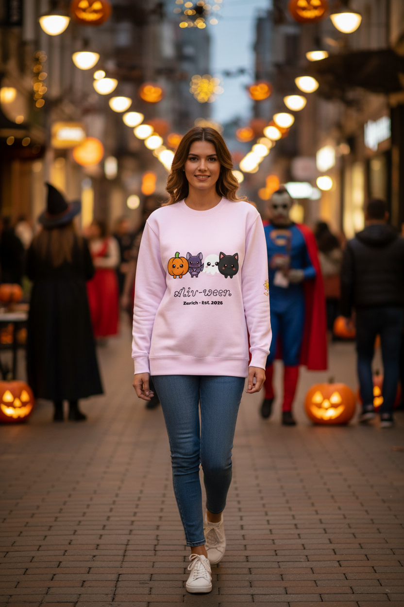 A woman walking down a Halloween-themed city street wearing a light pink crewneck sweatshirt with a pumpkin and cat graphic, blue skinny jeans, and white sneakers. The street is decorated with glowing jack-o'-lanterns and warm string lights.