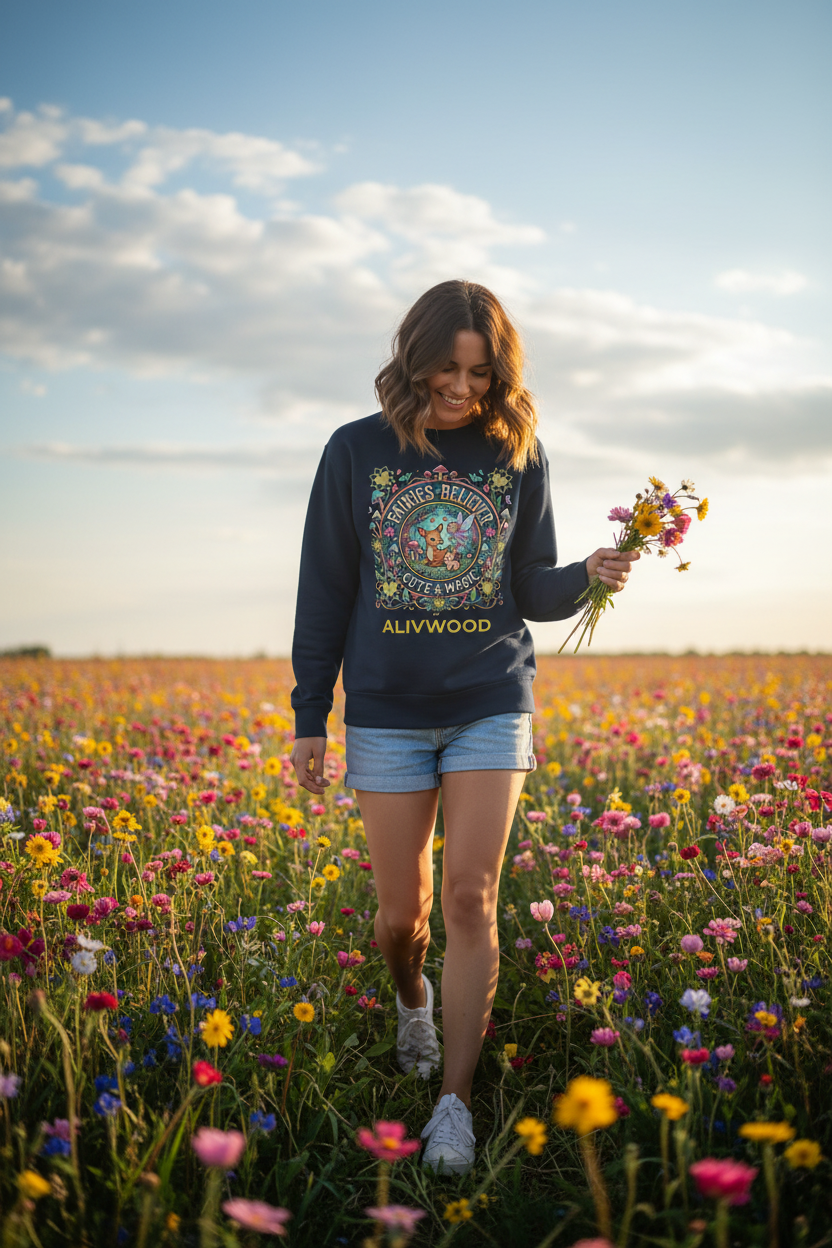 Woman walking through a field of flowers holding a bouquet, wearing a navy sweatshirt with a colorful graphic design.