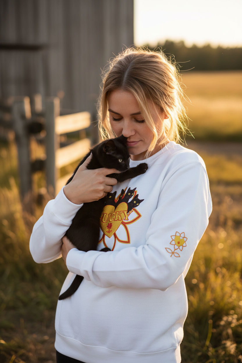 A woman in a white sweatshirt with a black cat on her shoulder, standing outdoors in a field at sunset. The sweatshirt features a graphic of a black cat with a sun and the word 'UGRAH' on the front, and a small flower on the sleeve.