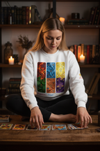 A young woman sits cross-legged on a wooden table in a cozy, candle-lit room with bookshelves in the background. She is wearing a white crewneck sweatshirt with a colorful graphic of four vertical panels labeled 'Vision', 'Taste', 'Connection', and 'Calm'.
