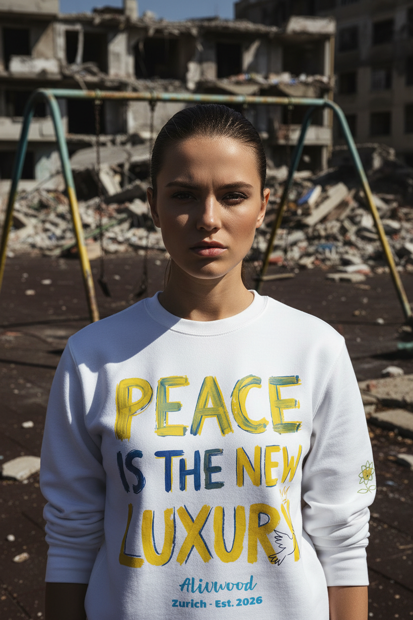 A woman stands in front of a ruined playground with rubble in the background, wearing a white crewneck sweatshirt with the text 'PEACE IS THE NEW LUXURY' in yellow and blue, and 'Allivood Zurich - Est. 2026' printed below.