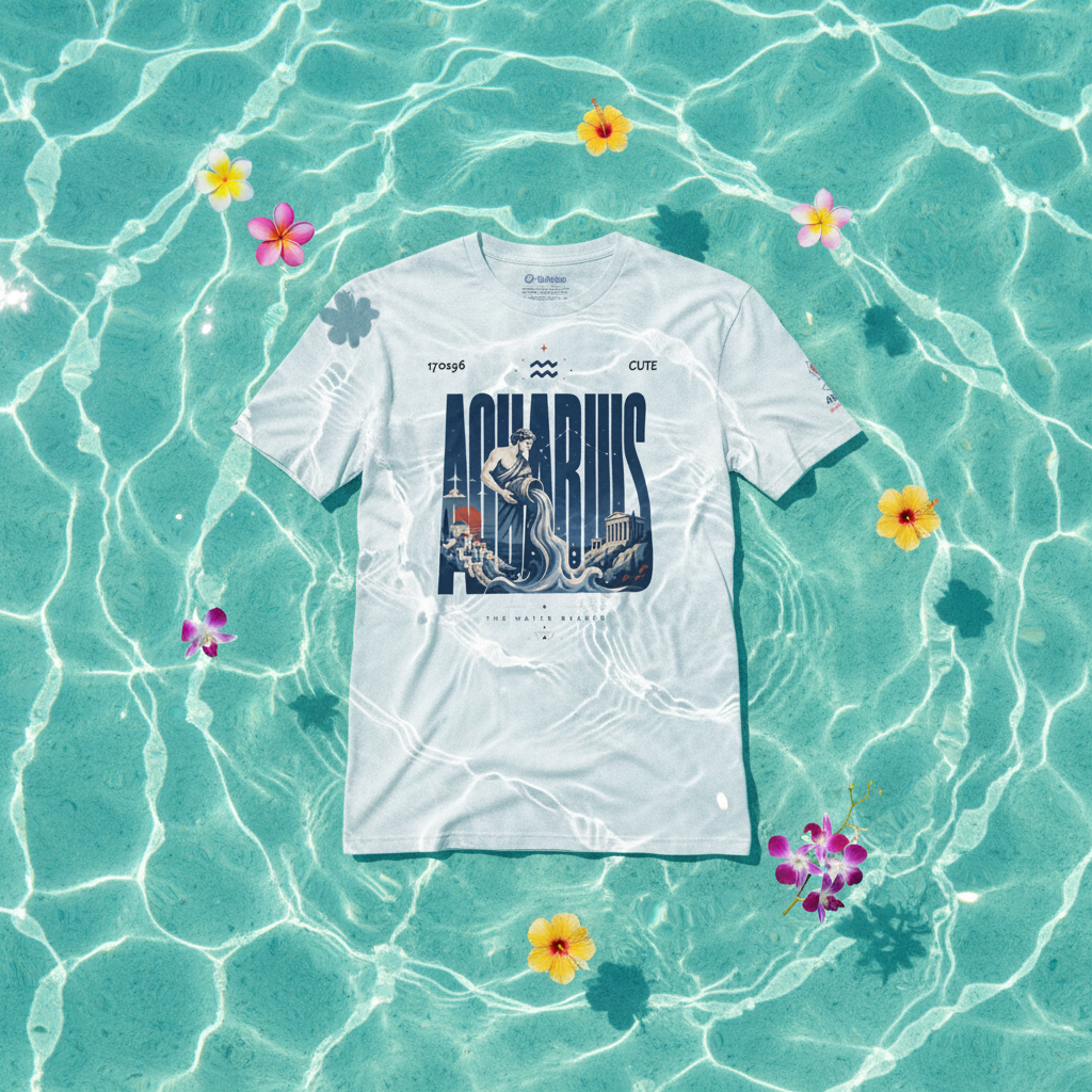A white short-sleeve graphic T-shirt laid flat on turquoise water with floating flowers. The shirt has a large Aquarius zodiac-themed graphic on the front with the word AQUARIUS in dark blue and a zodiac illustration.