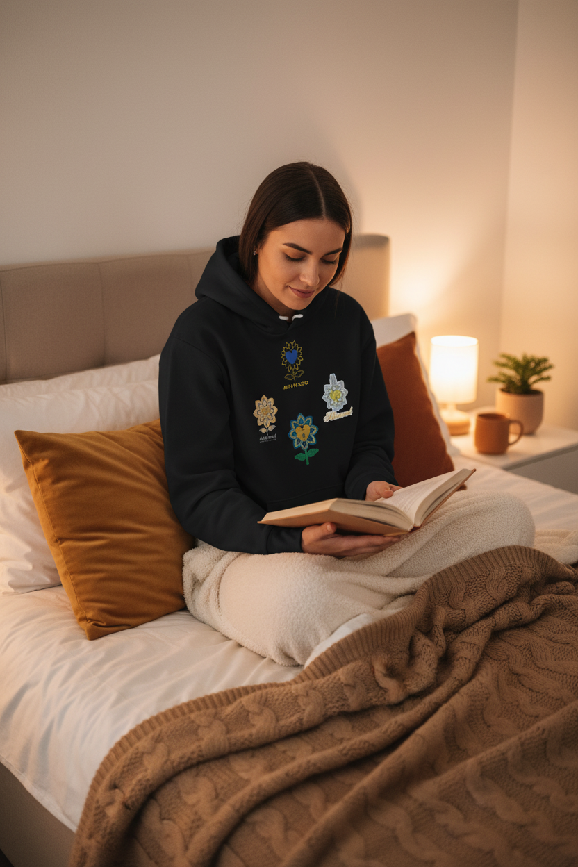 Woman reading a book on a bed in a cozy room with warm lighting.