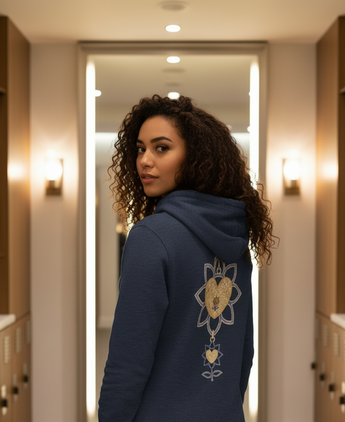 Woman wearing a blue hoodie with a decorative design in a bathroom setting