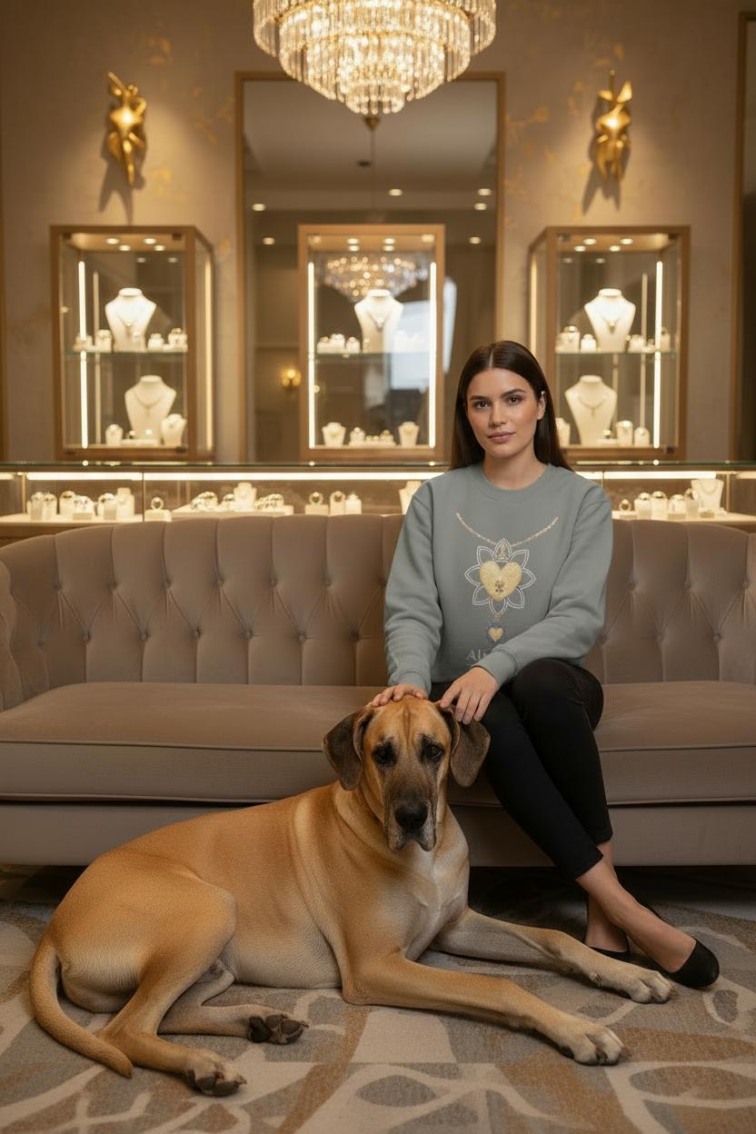 Woman sitting on a couch with a large dog in a luxurious room with chandeliers and mirrors.