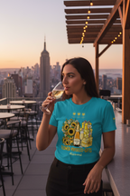 Woman in a turquoise t-shirt with sunflower design drinking wine on a rooftop with cityscape view