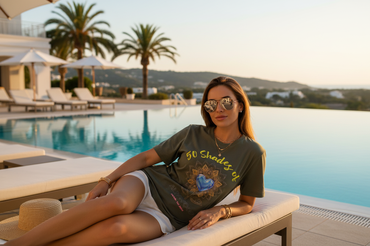 Woman sitting by a pool wearing a graphic t-shirt with sunglasses.
