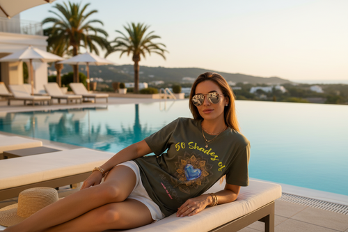 Woman sitting by a pool wearing a graphic t-shirt with sunglasses.
