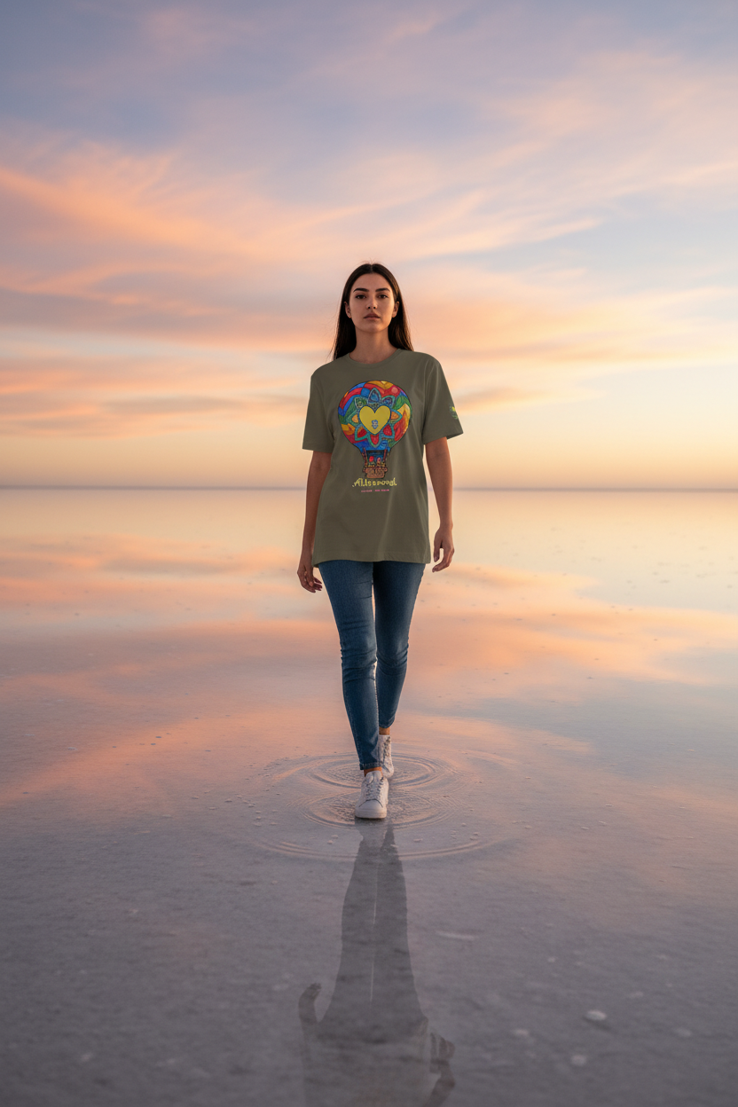 Woman standing in water at sunset with a colorful t-shirt