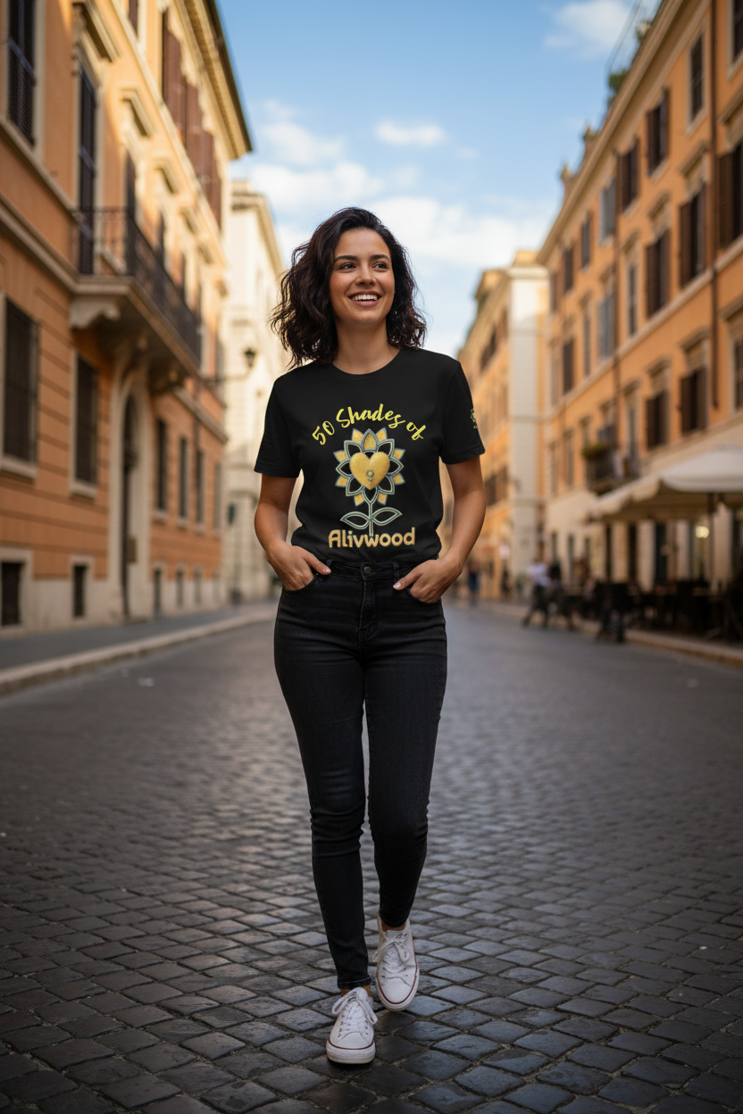 Woman walking down a street in an urban setting wearing a black t-shirt with yellow text and graphics.