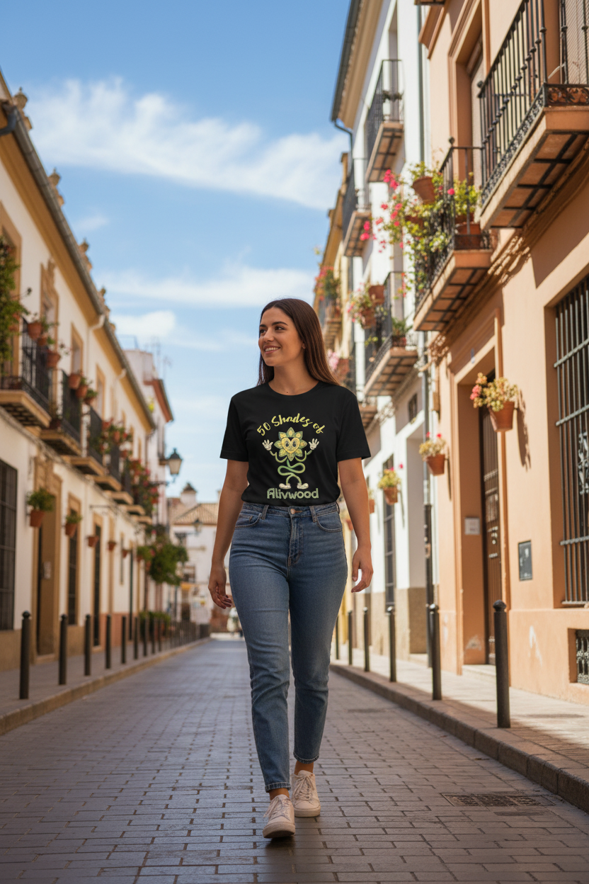 Woman walking down a sunlit street in an urban setting