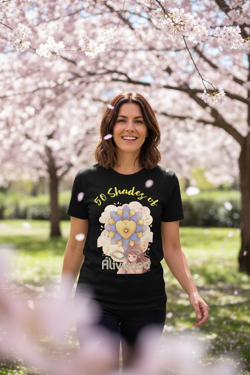 Woman wearing a black t-shirt with a colorful design in a park with cherry blossoms.