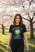 Woman wearing a black t-shirt with a colorful design in a park with cherry blossom trees.
