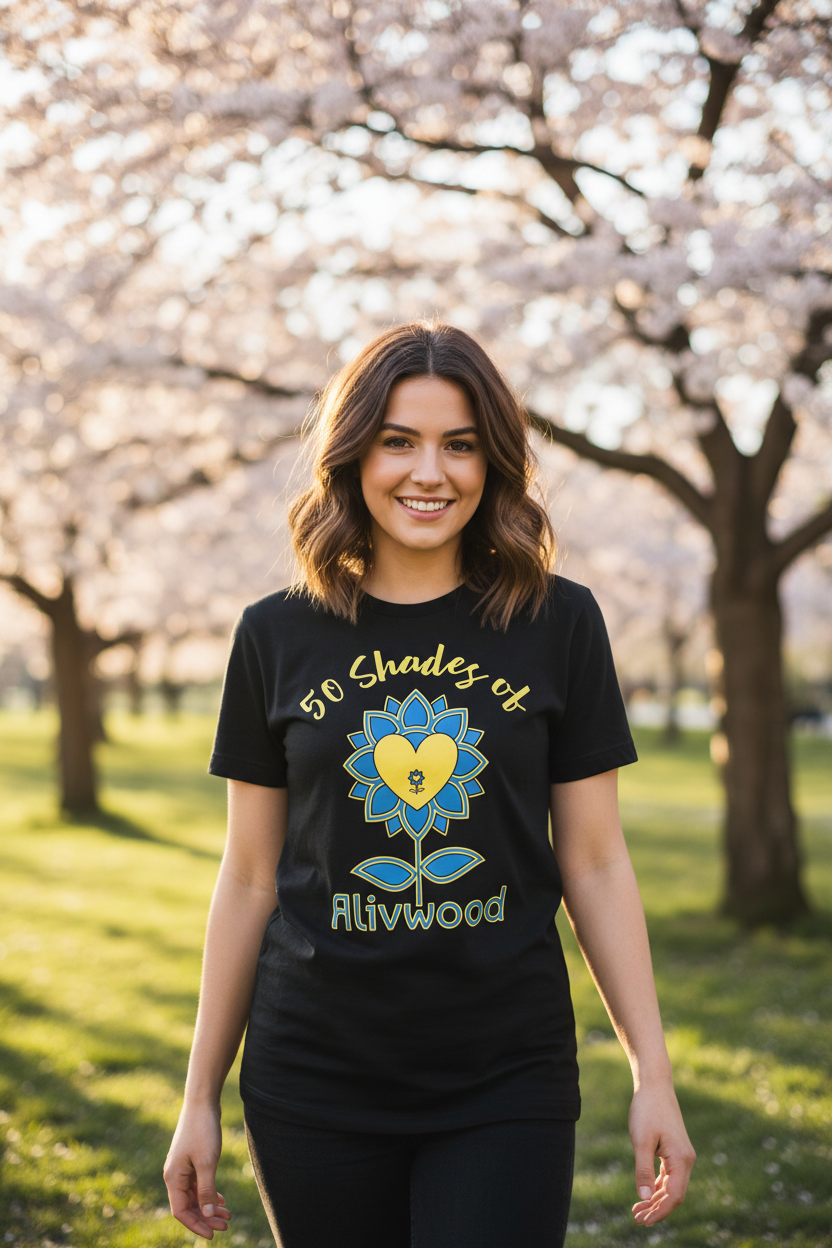 Woman wearing a black t-shirt with a colorful design in a park with cherry blossom trees.