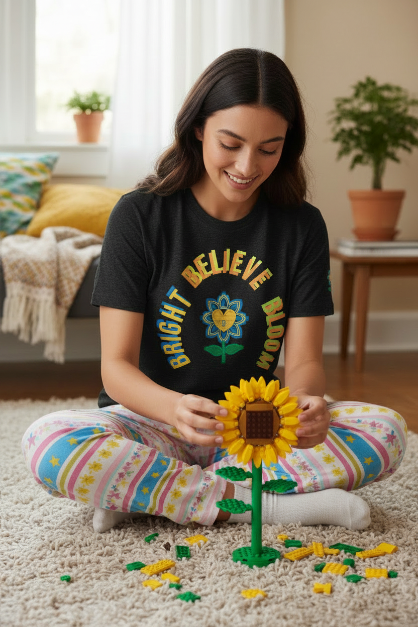 Woman sitting on the floor holding a sunflower made of interlocking toys in a cozy living room.