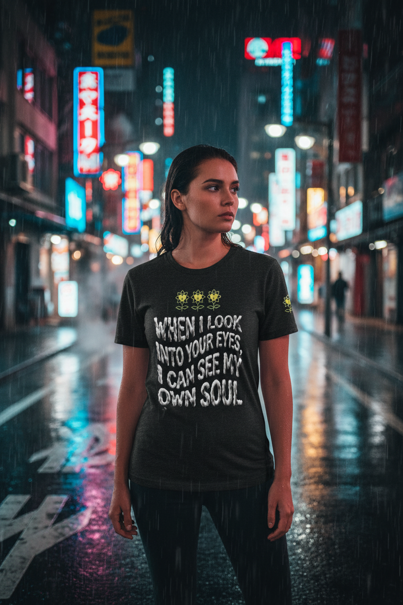 Person wearing a black t-shirt with text in a neon-lit city street