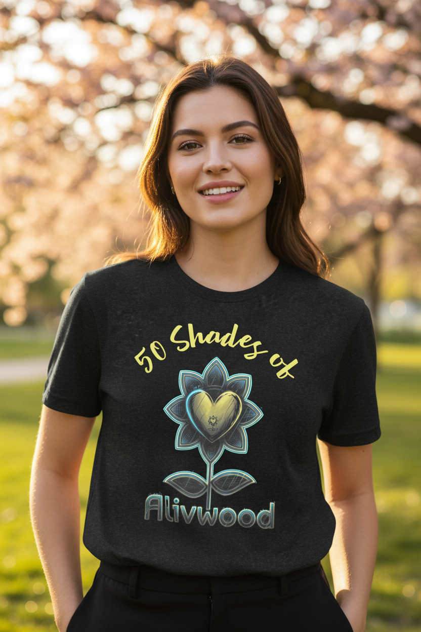 Woman wearing a black t-shirt with '50 Shades of Alivwood' design outdoors.
