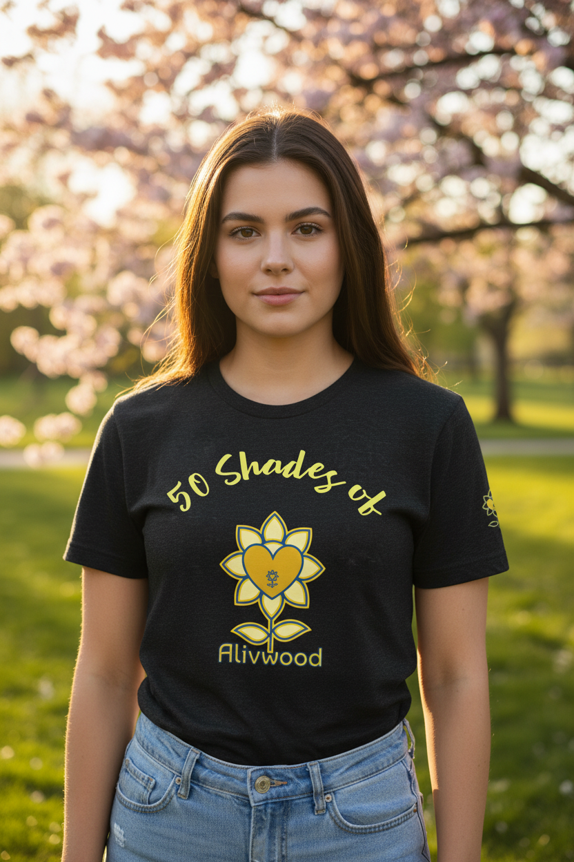 Person wearing a black t-shirt with a yellow graphic and text, standing outdoors in a park.